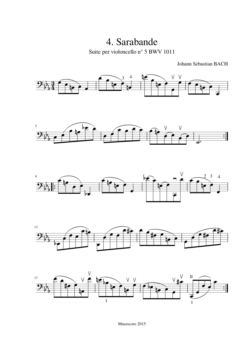 J. S. バッハ - チェロ組曲第5番 BWV 1011 - 4. サラバンド 楽譜