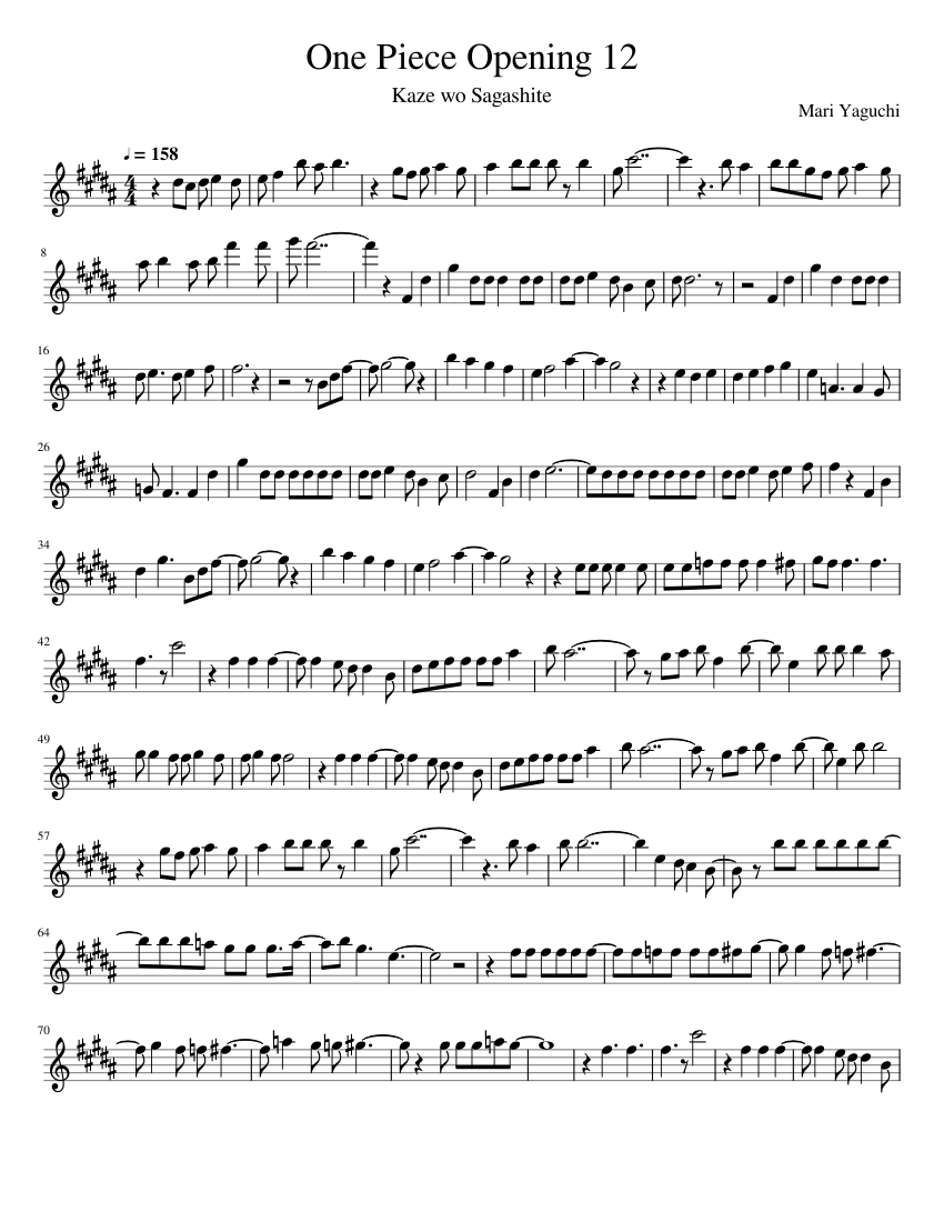 One Piece Opening 12 Sheet Music For Flute Solo Download And Print 