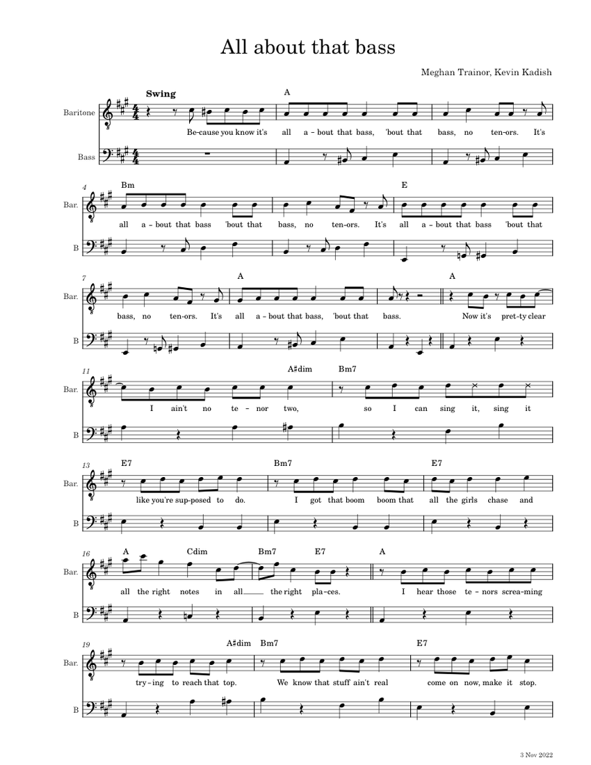 All about that bass Sheet music for Baritone, Bass guitar (Solo) |  Musescore.com