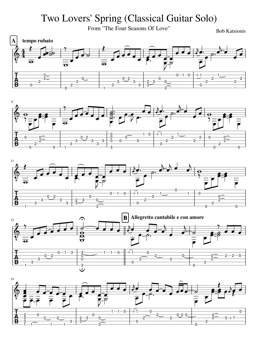 Two Lovers' Spring / Bob Katsionis (Classical Guitar Solo cover) Sheet  music for Guitar (Solo) | Musescore.com