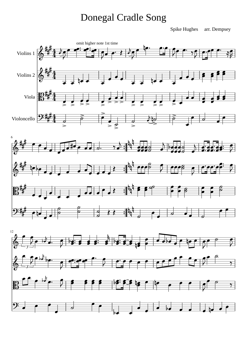 Donegal Cradle Song by Spike Hughes. Arr. string quartet, Dempsey Sheet