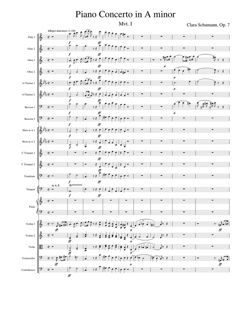 Clara Schumann - Piano Concerto in A minor, Mvt. 1 (Op. 7) Sheet music for  Piano, Trombone, Flute, Oboe & more instruments (Symphony Orchestra) |  Musescore.com