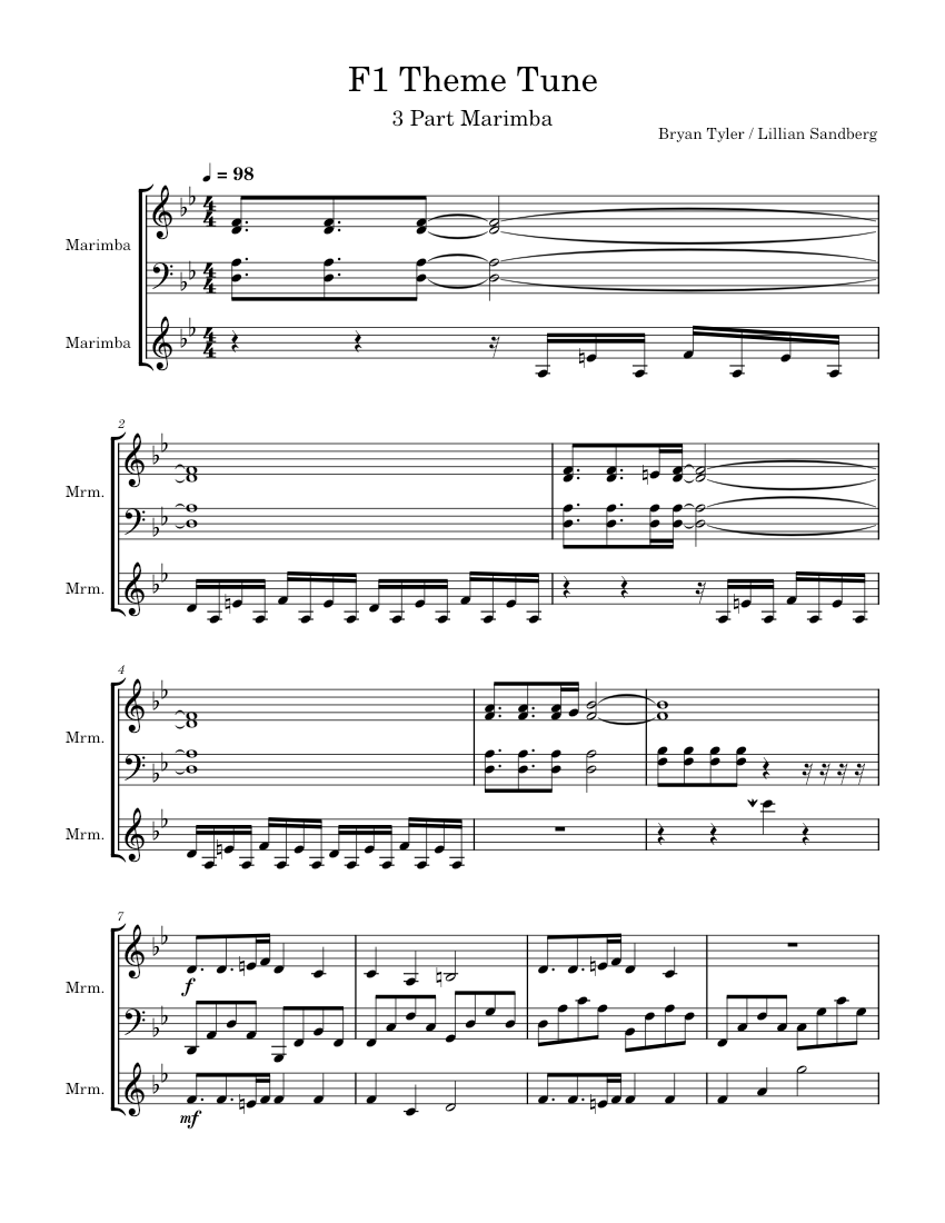 F1 Theme Marimba Sheet Music For Marimba Percussion Trio Musescore Com