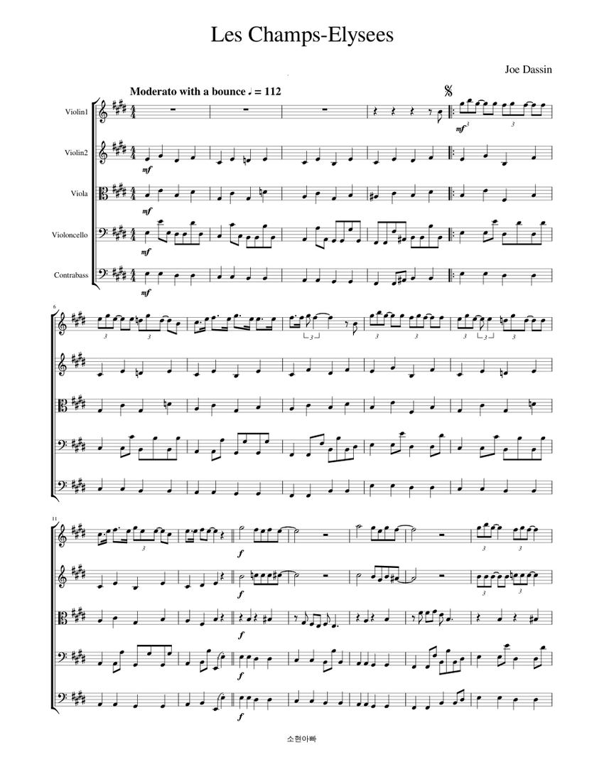 Les Champs-Elysees - Joe Dassin Sheet music for Contrabass, Violin, Viola,  Cello (String Quintet) | Musescore.com