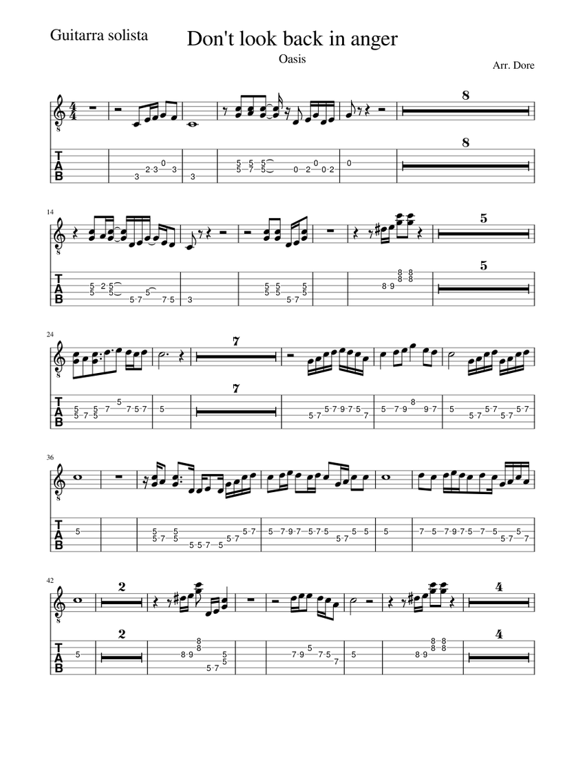Don T Look Back In Anger Solo Sheet Music For Guitar Solo Musescore Com