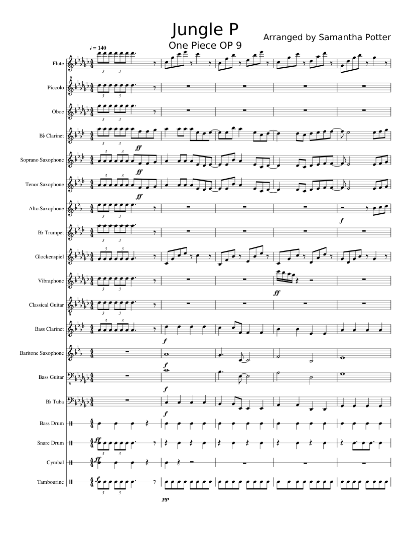 Jungle P (One Piece Opening 9) Sheet Music for Tuba, Tambourine