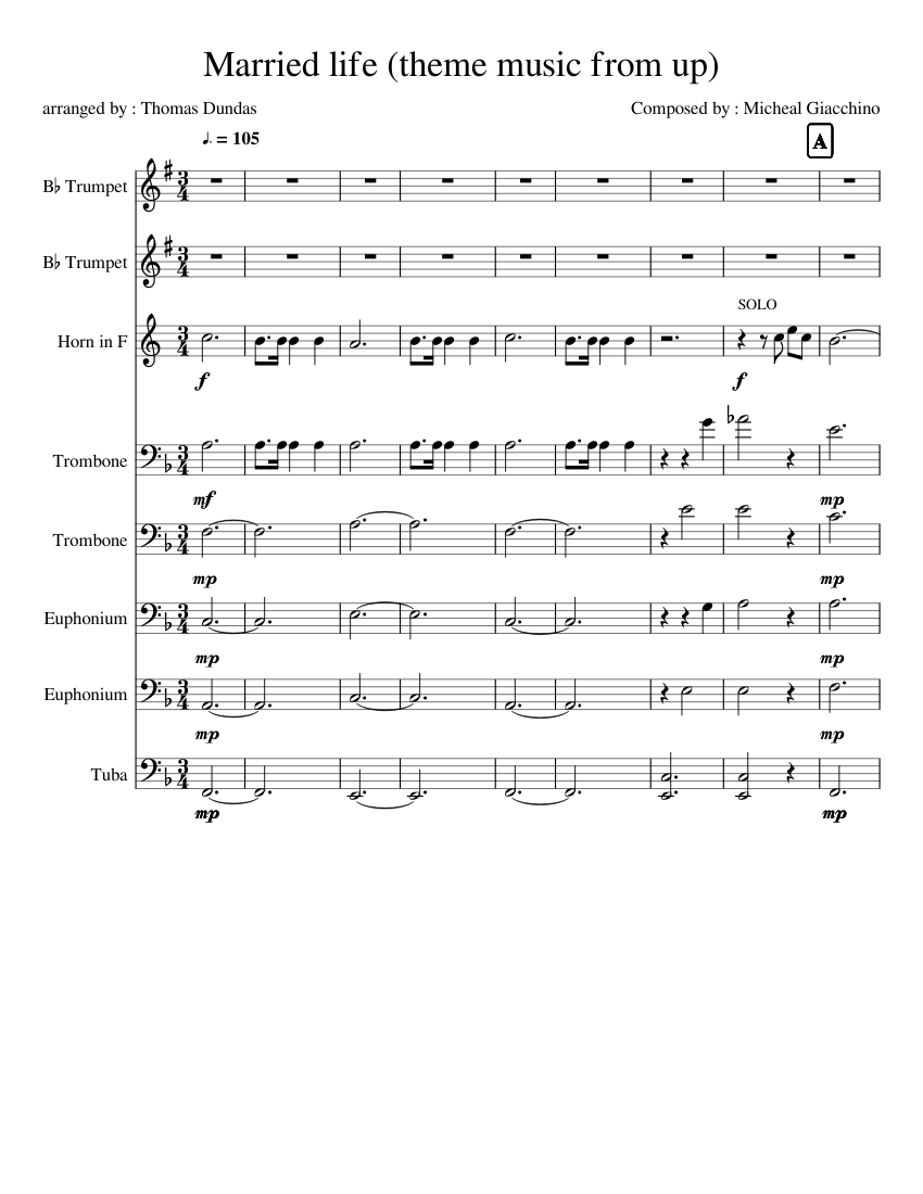 Married life theme music from up Sheet music for Trombone, Euphonium