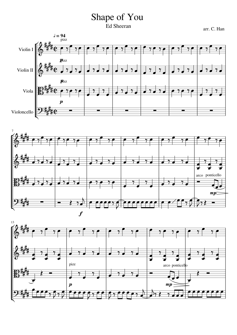 Shape of You (Ed Sheeran) Sheet music for Violin, Viola, Cello (String  Quartet) | Musescore.com