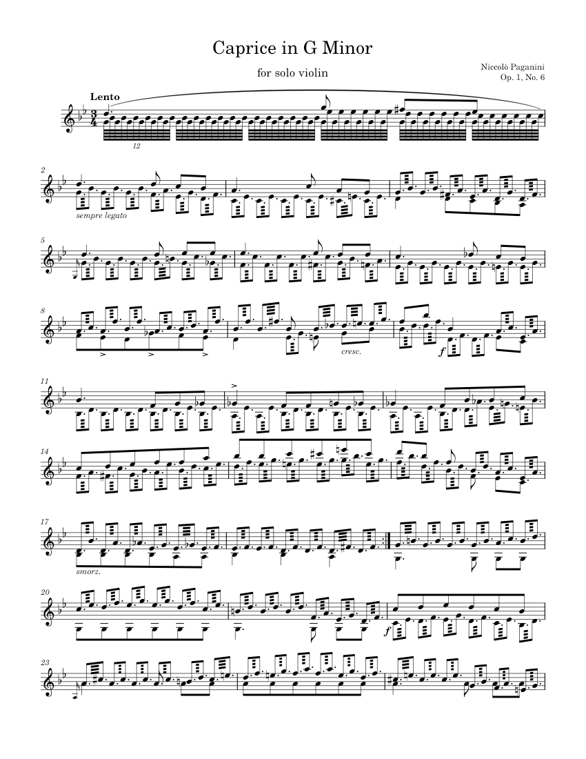 Solo Violin Caprice No. 6 in G Minor - N. Paganini, Op. 1, No. 6 Sheet music  for Violin (Solo) | Musescore.com