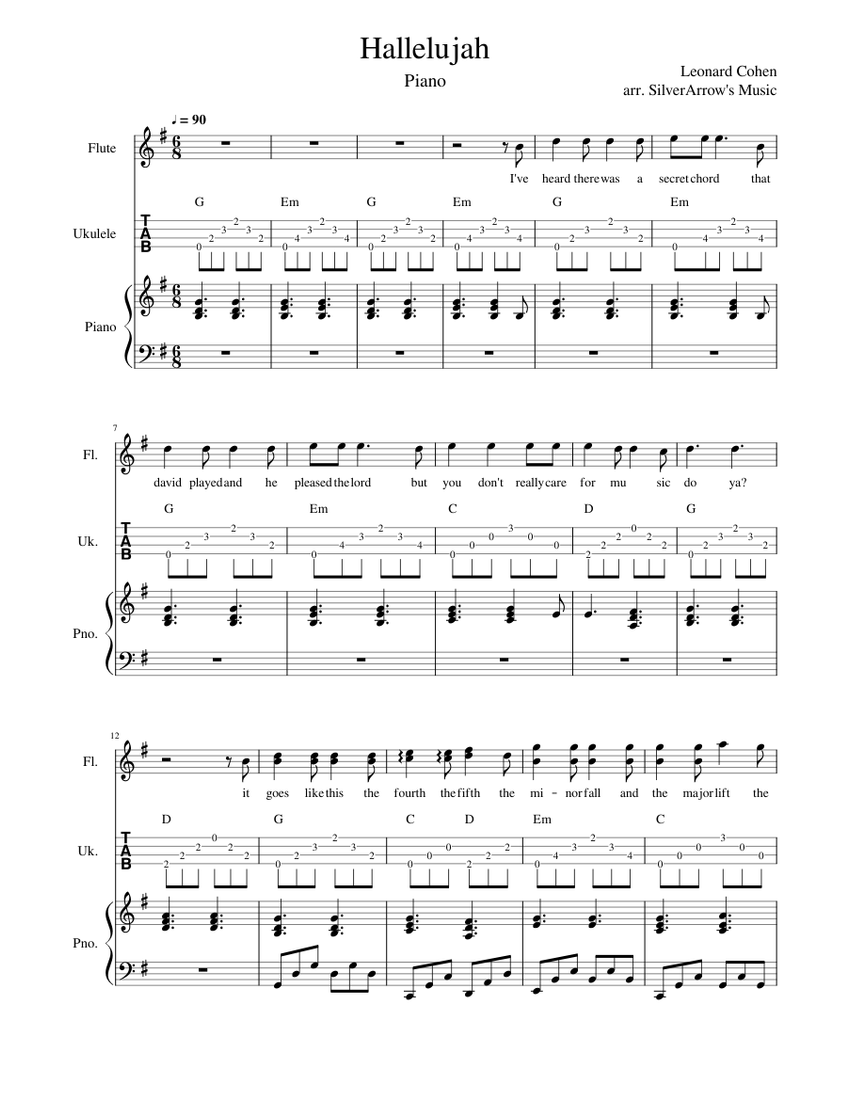 Hallelujah Ukulele Piano Sheet music for Piano, Flute, Ukulele (Mixed