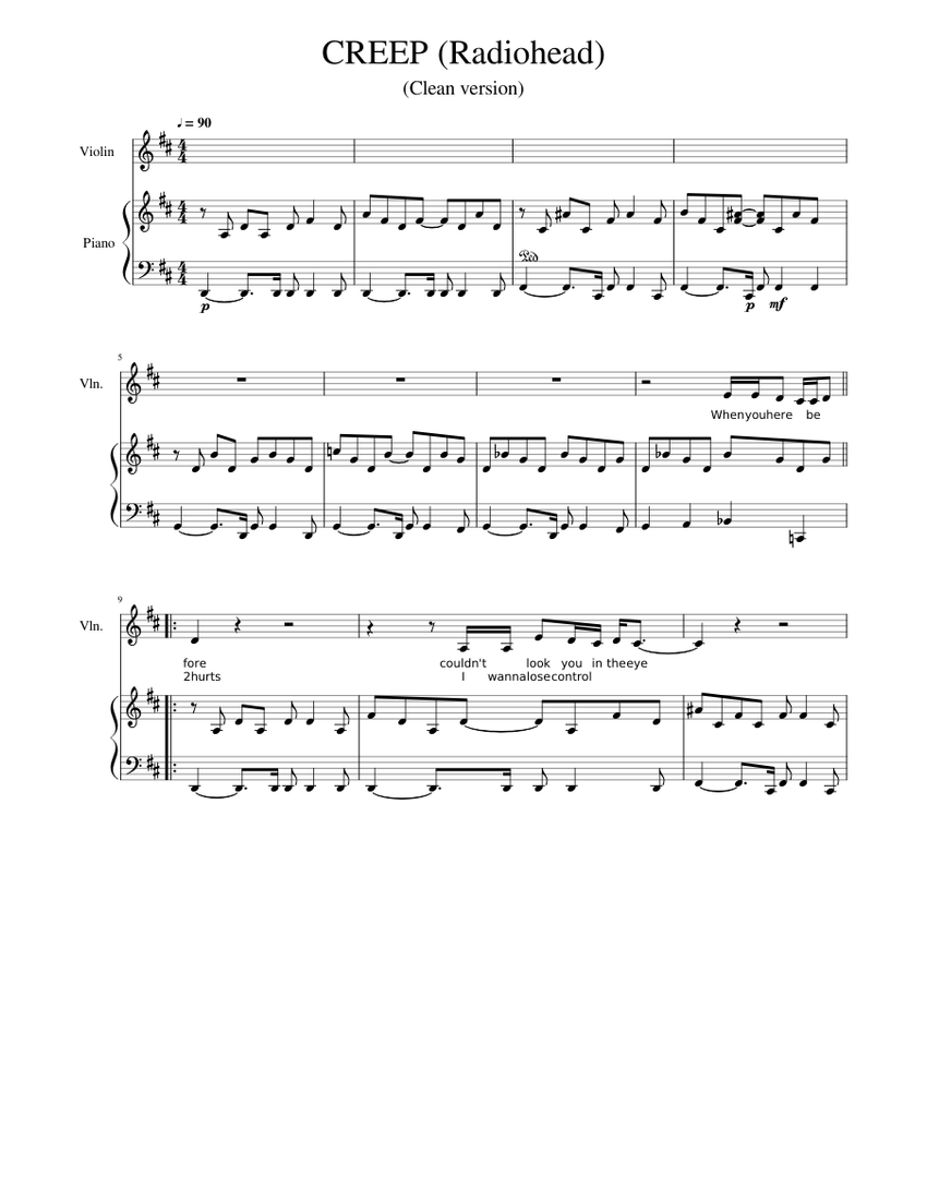 Creep Clean Version - Key of D Sheet music for Piano, Violin (Solo) |  Musescore.com