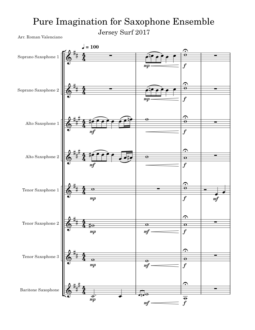 Jersey Surf's "Pure Imagination" for Saxophone Ensemble Sheet music for Saxophone (Alto
