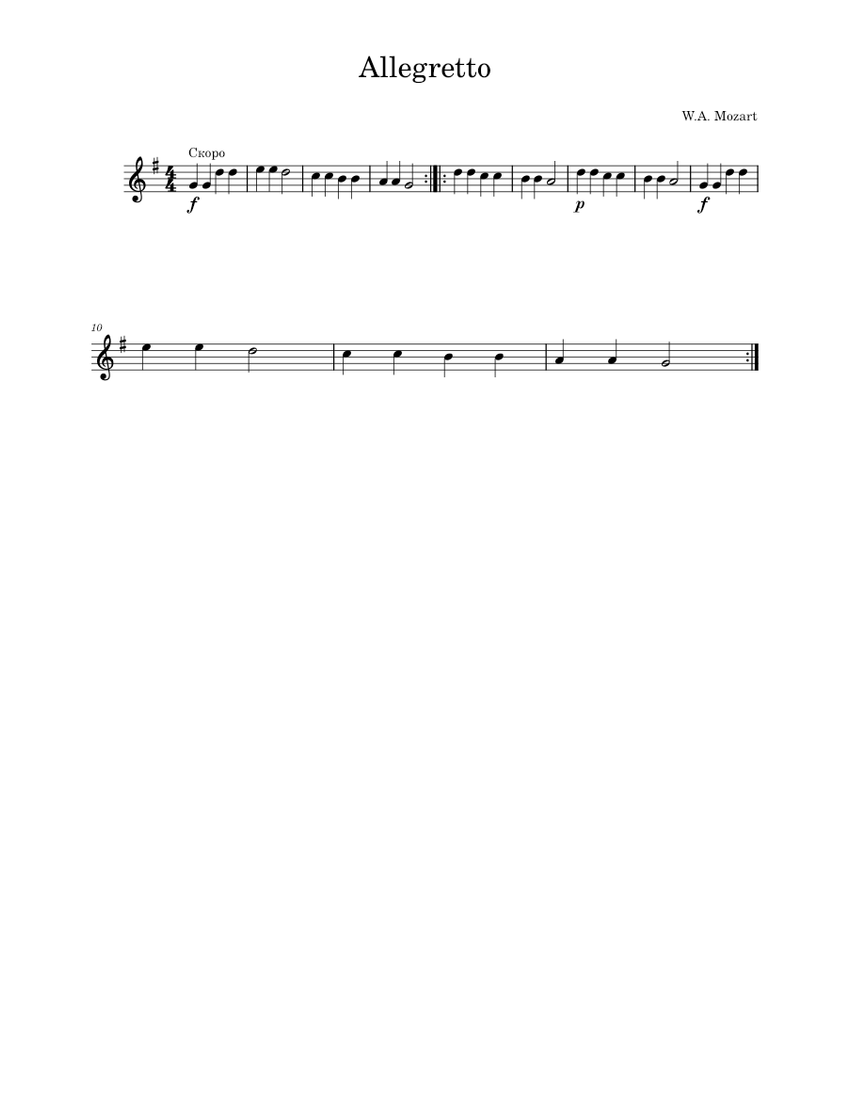 Allegretto – Wolfgang Amadeus Mozart Allegretto Sheet music for Piano ...