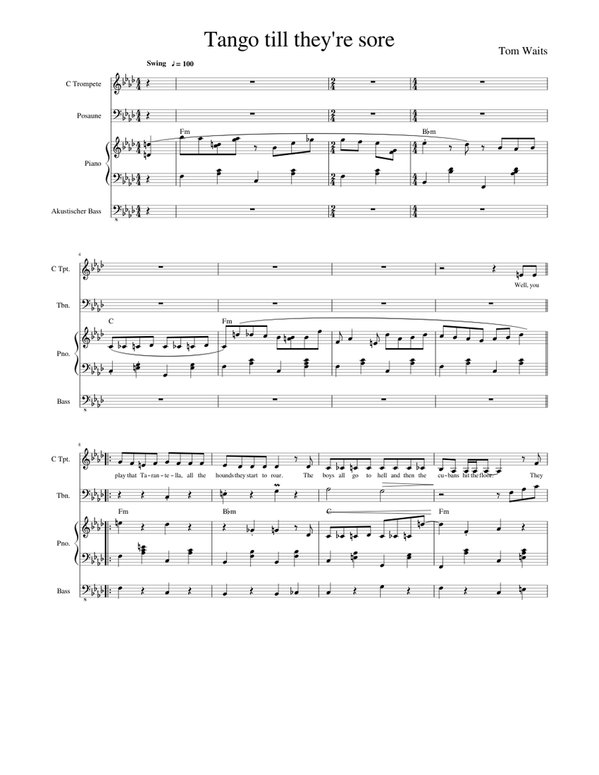 Tom Waits - Tango till they're sore Sheet music for Piano, Trombone, Bass  guitar, Trumpet in c (Mixed Quartet) | Musescore.com