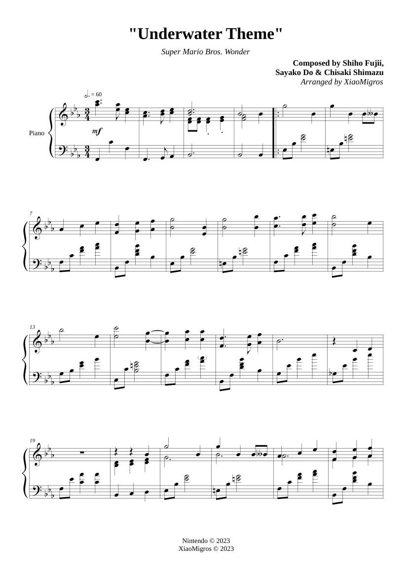 Super Mario Bros. Wonder - Underwater Theme Sheet music for Piano (Solo ...