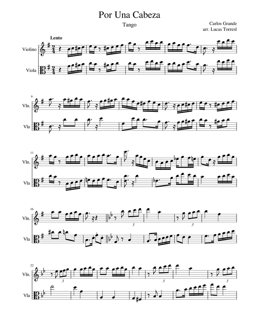 Por_Una_Cabeza Sheet music for Violin, Viola (String Duet)