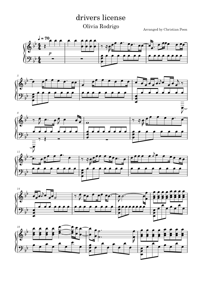 Olivia Rodrigo drivers license Sheet music for Piano (Solo