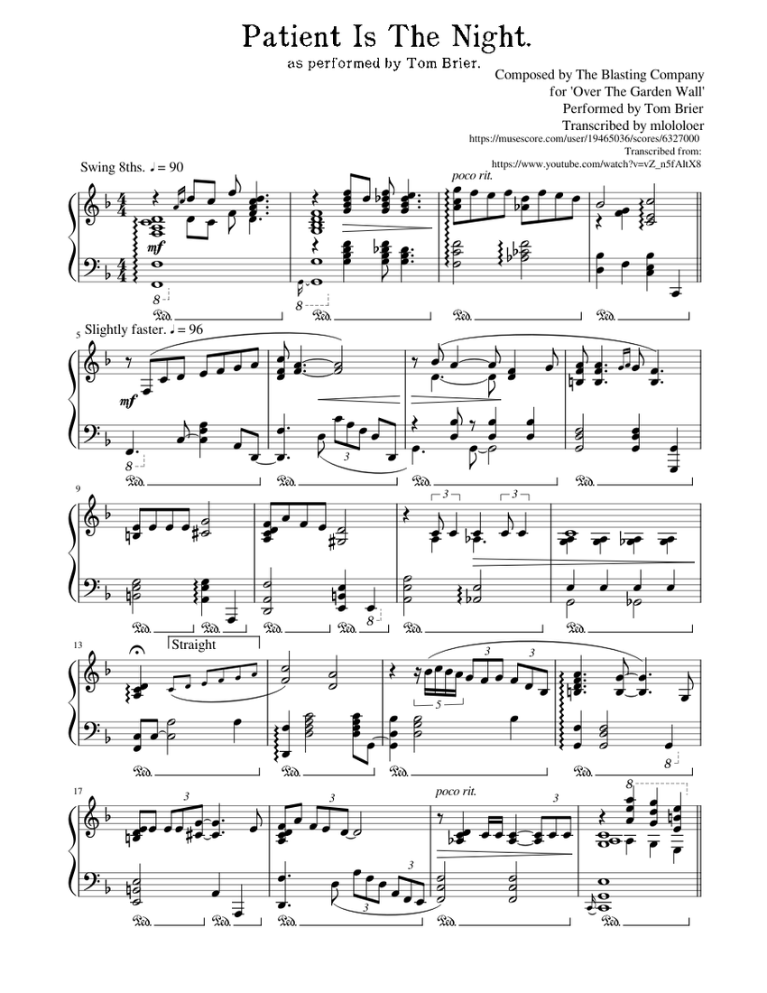 Patient Is The Night As Played By Tom Brier Sheet Music For Piano Solo Musescore Com In musescore go to the menu and click… format > style > score > swing settings > quaver note 55% for light swing 60% for medium swing 66% for heavy swing did you google or search for musescore swing settings? played by tom brier sheet music
