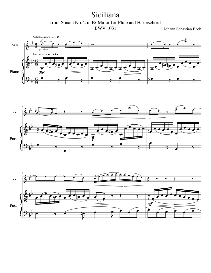 Siciliana by Bach BWV 1031 Transcription for Violin and Piano Sheet music  for Piano, Violin (Solo) | Musescore.com