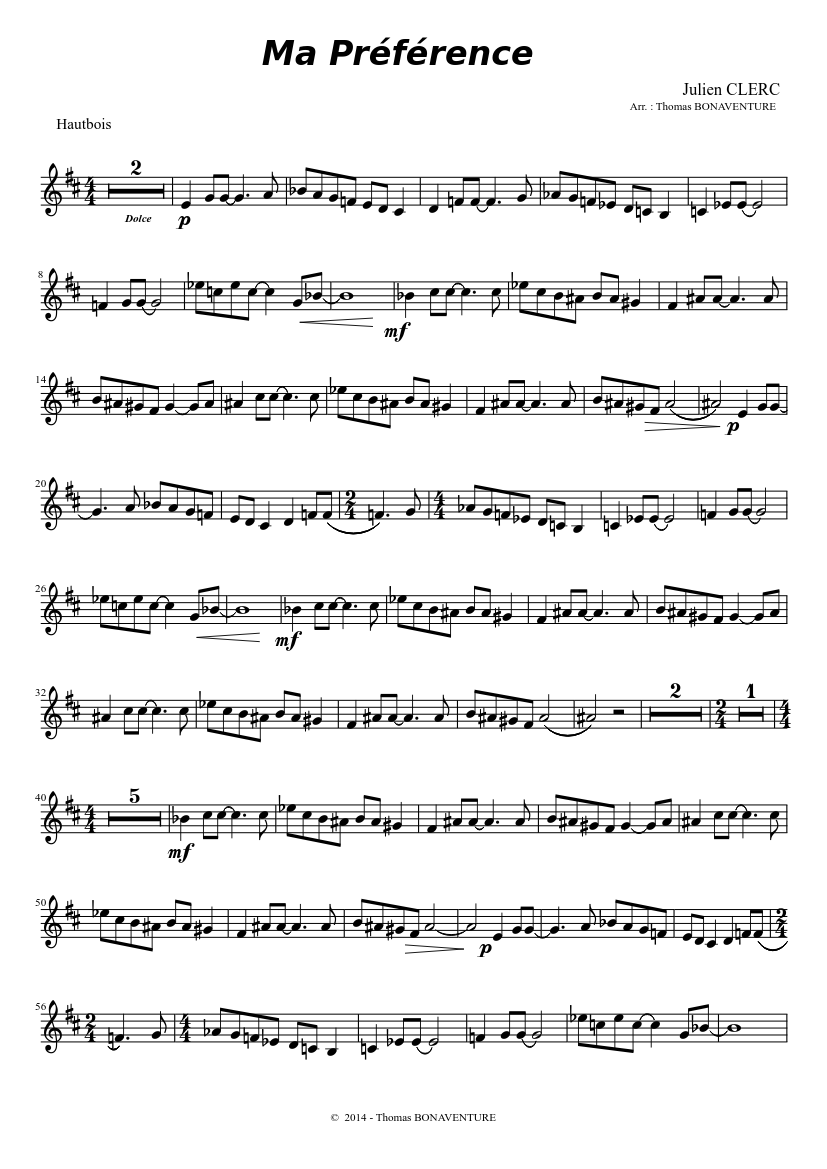 Ma Préférence - Julien CLERC Sheet music for Oboe (Solo) | Musescore.com