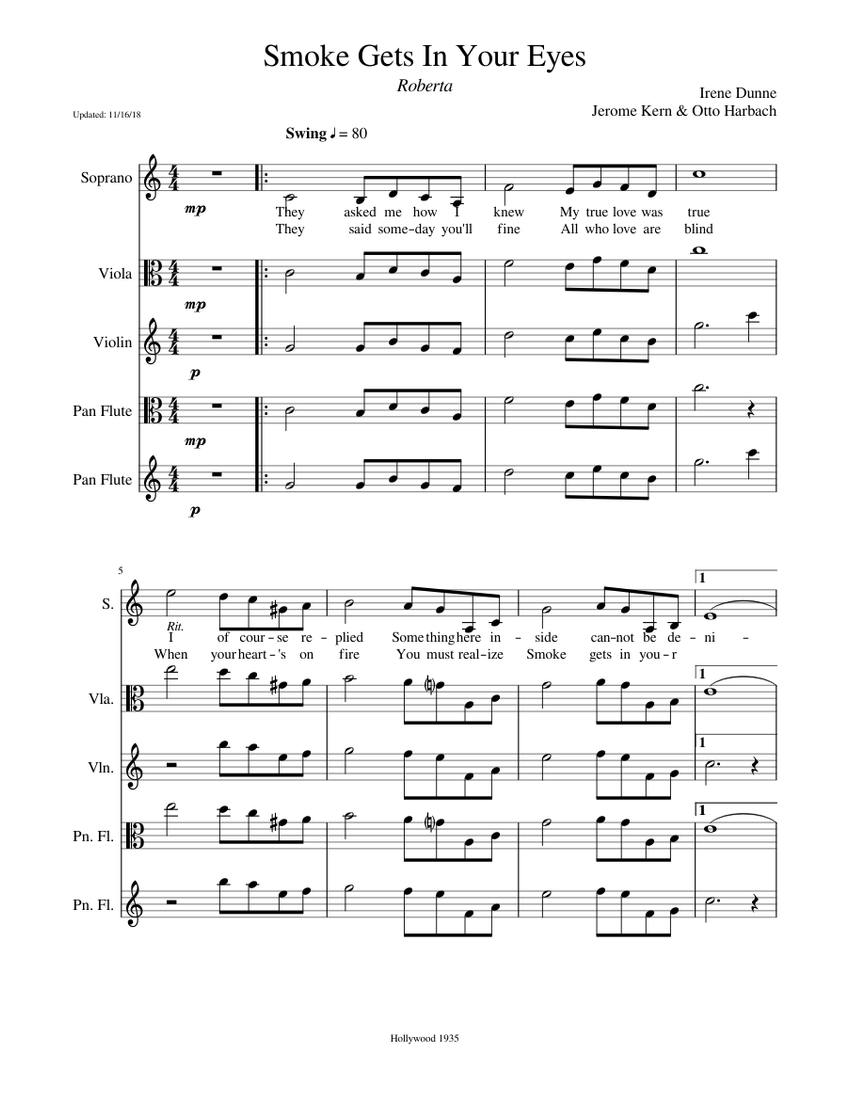 Irene Dunne Smoke Gets In Your Eyes Jerome Kern Otto Harbach Sheet Music For Violin Soprano Viola Flute Mixed Ensemble Musescore Com You can update your default language preference in your general settings. irene dunne smoke gets in your eyes