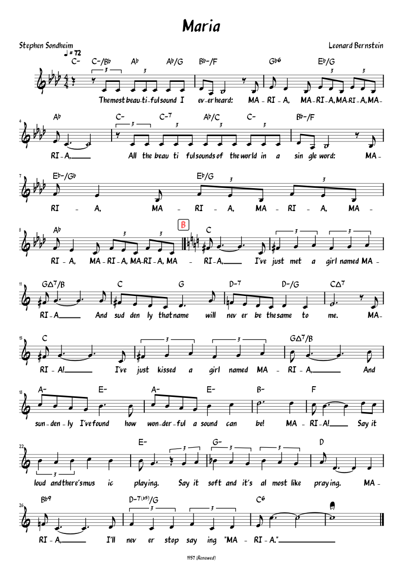 Maria (Lead sheet with lyrics ) Sheet Music with Chords