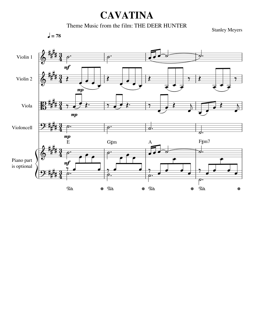 Cavatina – Stanley Myers Sheet music for Piano, Violin, Viola, Cello (Piano  Quintet) | Musescore.com