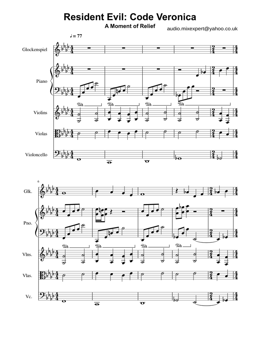 Resident Evil: Code Veronica - A Moment of Relief Sheet music for Piano,  Glockenspiel, Cello, Strings group (Mixed Quintet) | Musescore.com