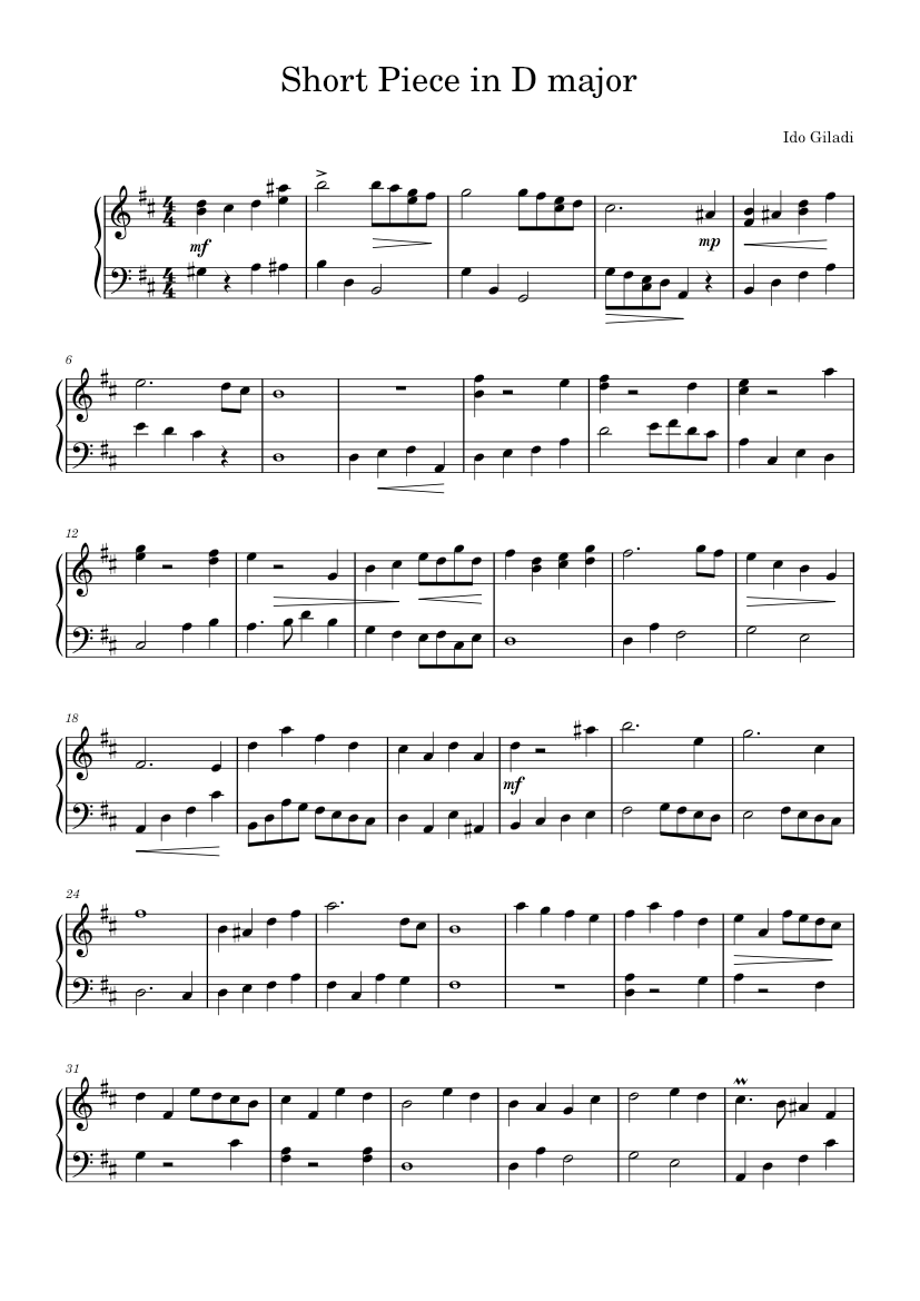 Short Piece in D major - Ido Giladi Sheet music for Piano (Solo) Easy ...