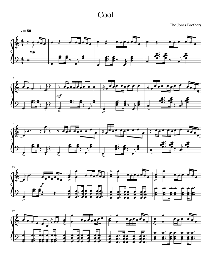 Cool - Jonas Brothers Sheet music for Piano (Solo) | Musescore.com