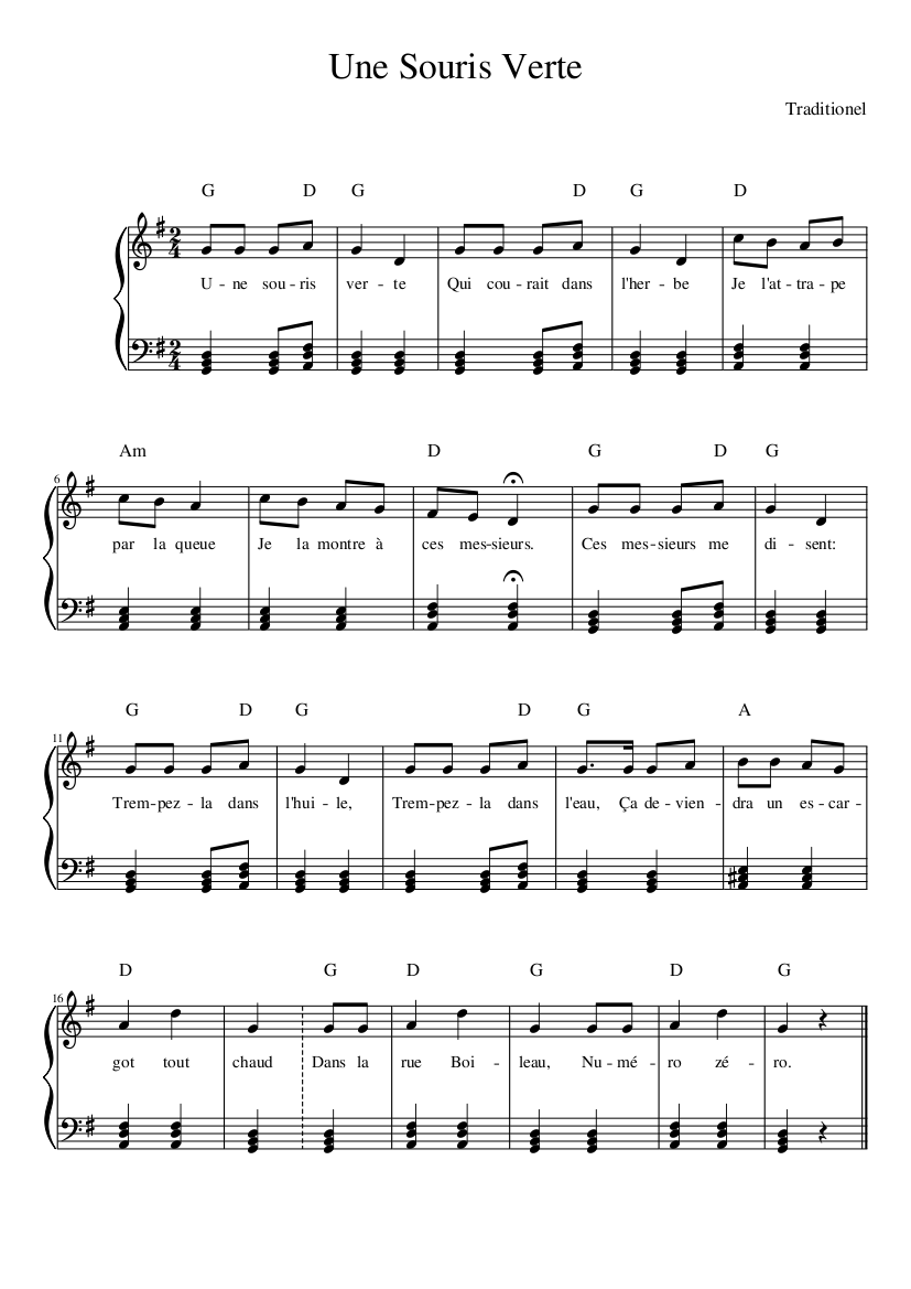 Une Souris Verte Sheet music for Piano (Solo) | Musescore.com