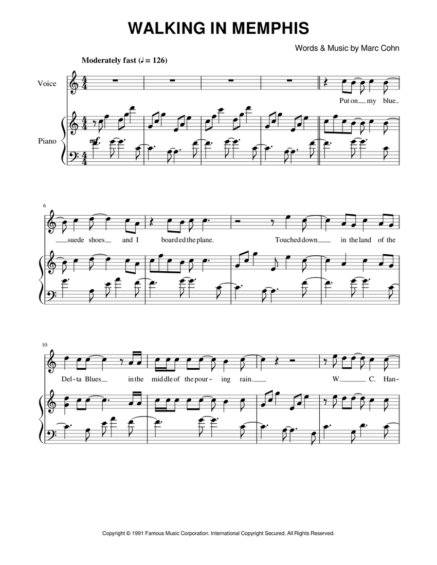 Walking in Memphis" by Marc Cohn Sheet music for Piano, Vocals (Piano-Voice)  | Musescore.com