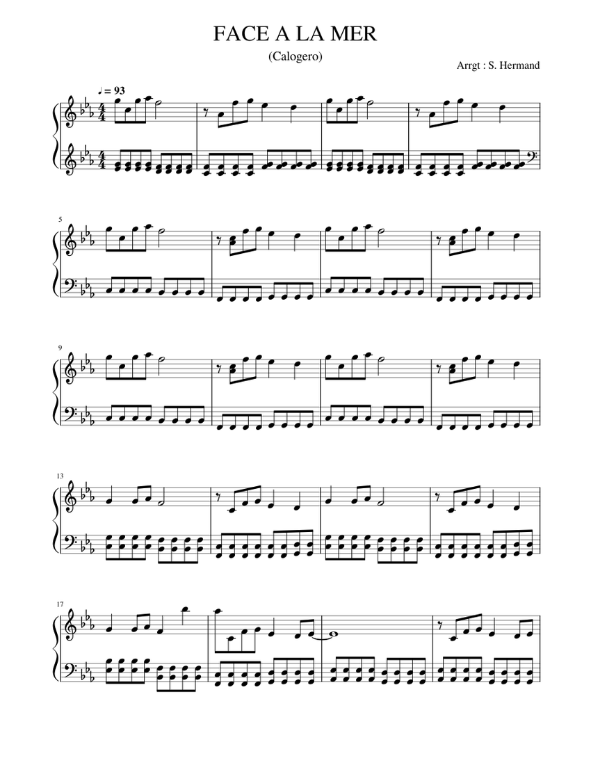 FACE A LA MER de Calogero Sheet music for Piano (Solo) | Musescore.com