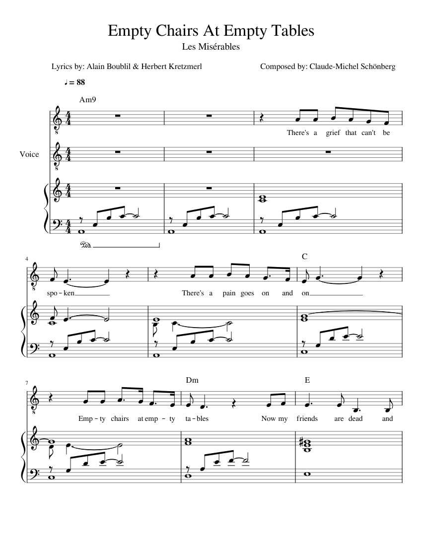 Empty Chairs At Empty Tables (In the duet style of Ramin Karimloo & Hadley  Fraser) Sheet music for Piano, Vocals (Mixed Trio) | Musescore.com