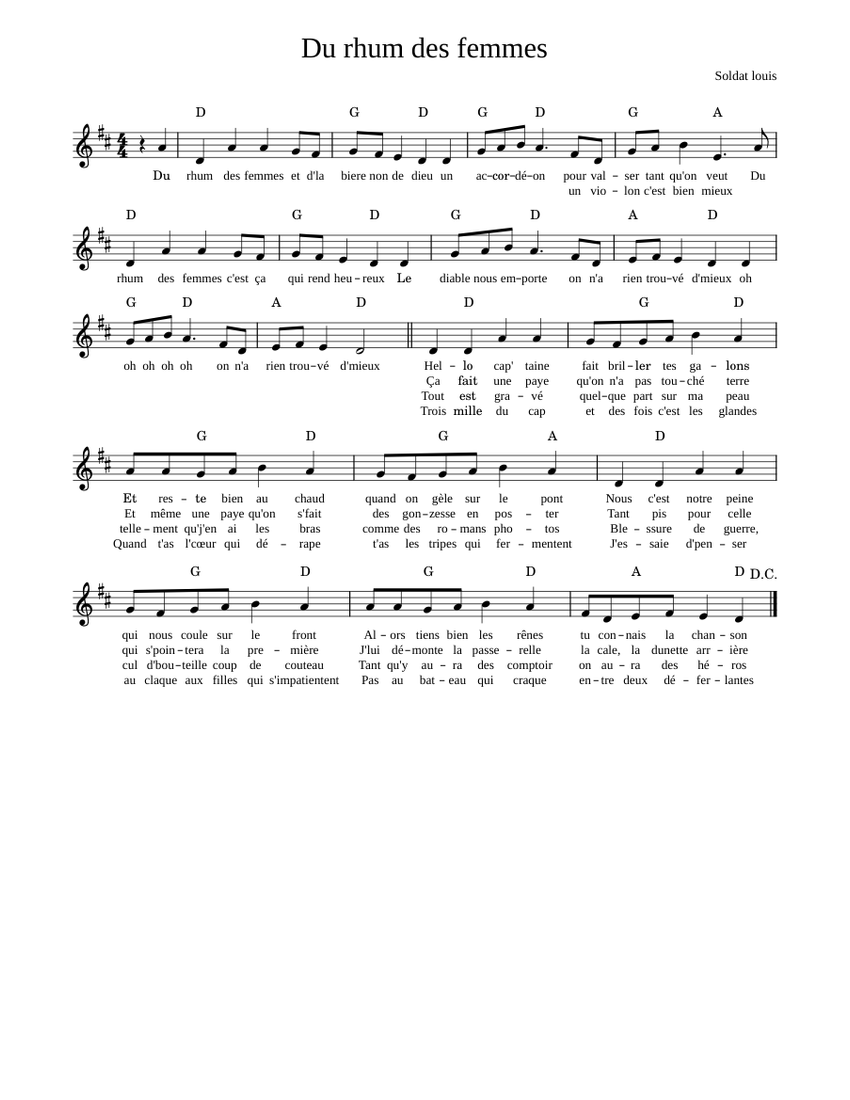 Du Rhum Des Femmes Sheet Music For Violin Solo Musescore Com Je connais les paroles de ces chansons par cœur et je pense. du rhum des femmes sheet music for