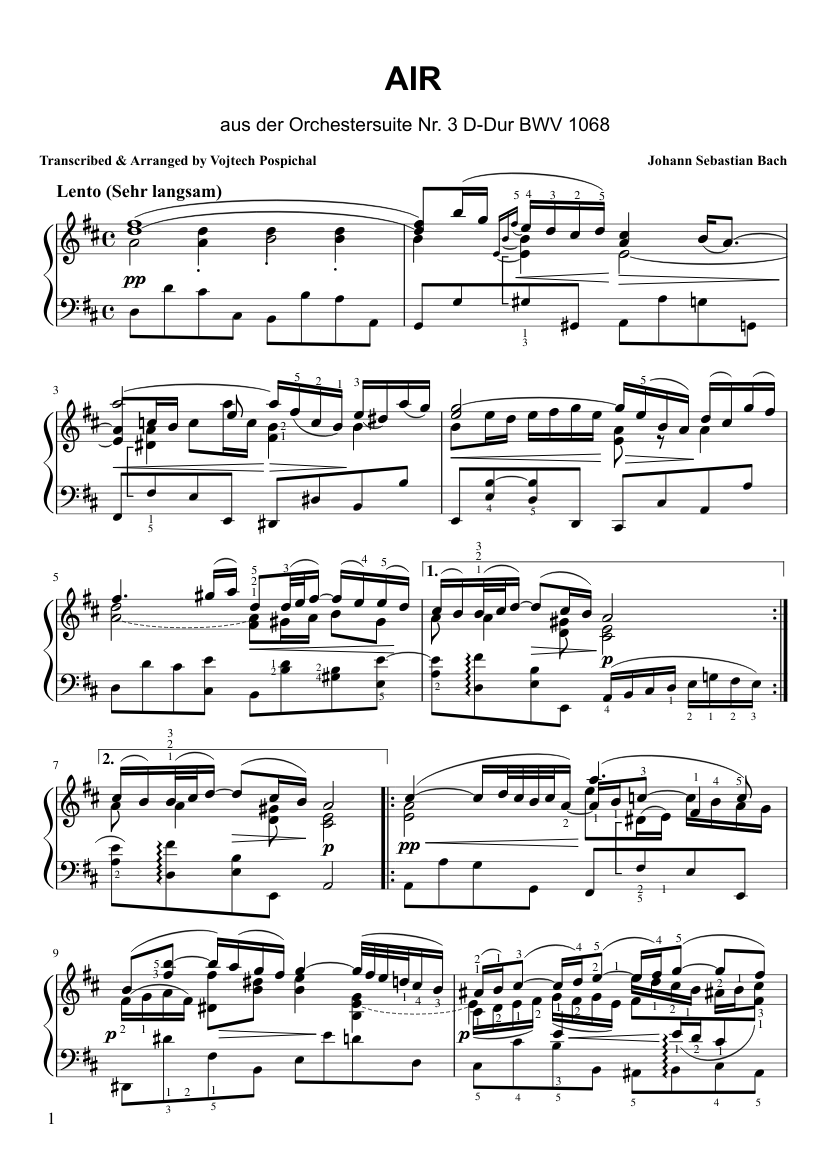 J.S. Bach Air aus der Orchestersuite Nr. 3 D-Dur BWV 1068 Sheet music for  Piano (Solo) | Musescore.com