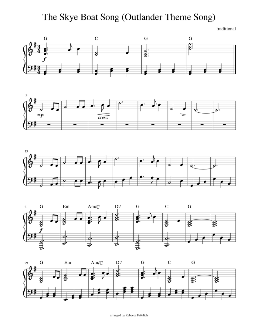 The Skye Boat Song (Outlander Theme) Sheet music for Piano (Solo) |  Musescore.com