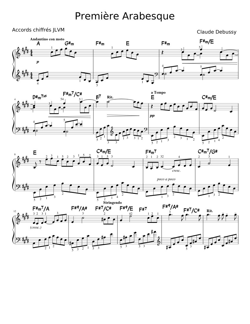 Debussy Arabesque No. 1 avec accords chiffrés et doigtés Sheet Music ...