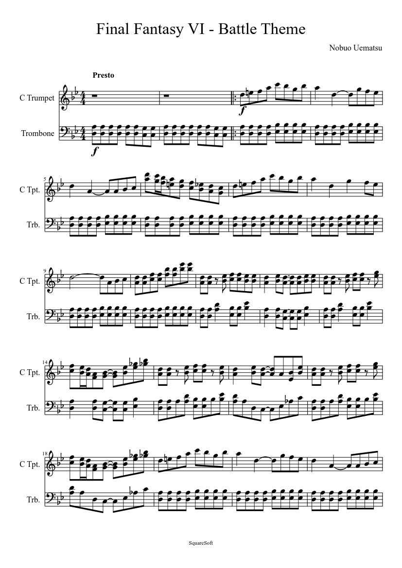 Final Fantasy 6 Battle Theme Sheet Music for Trombone, Trumpet