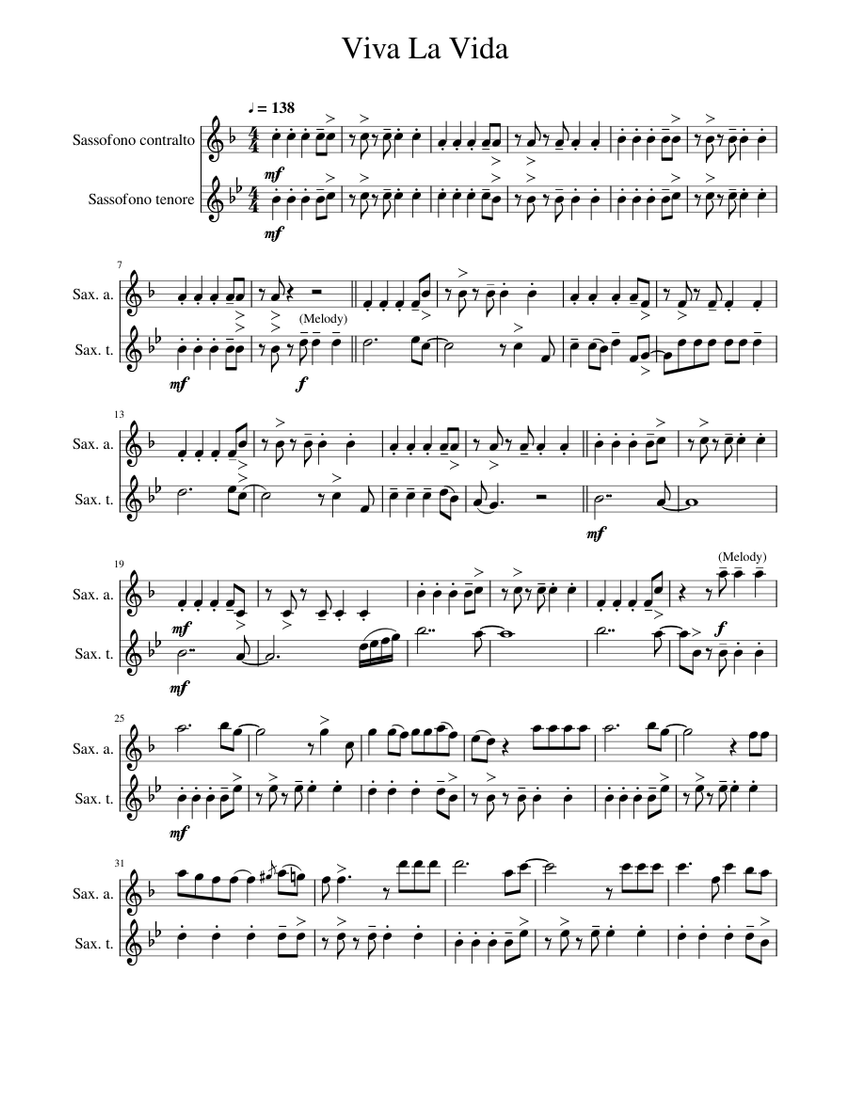 Viva La Vida Sax Duet Sheet music for Saxophone alto, Saxophone tenor