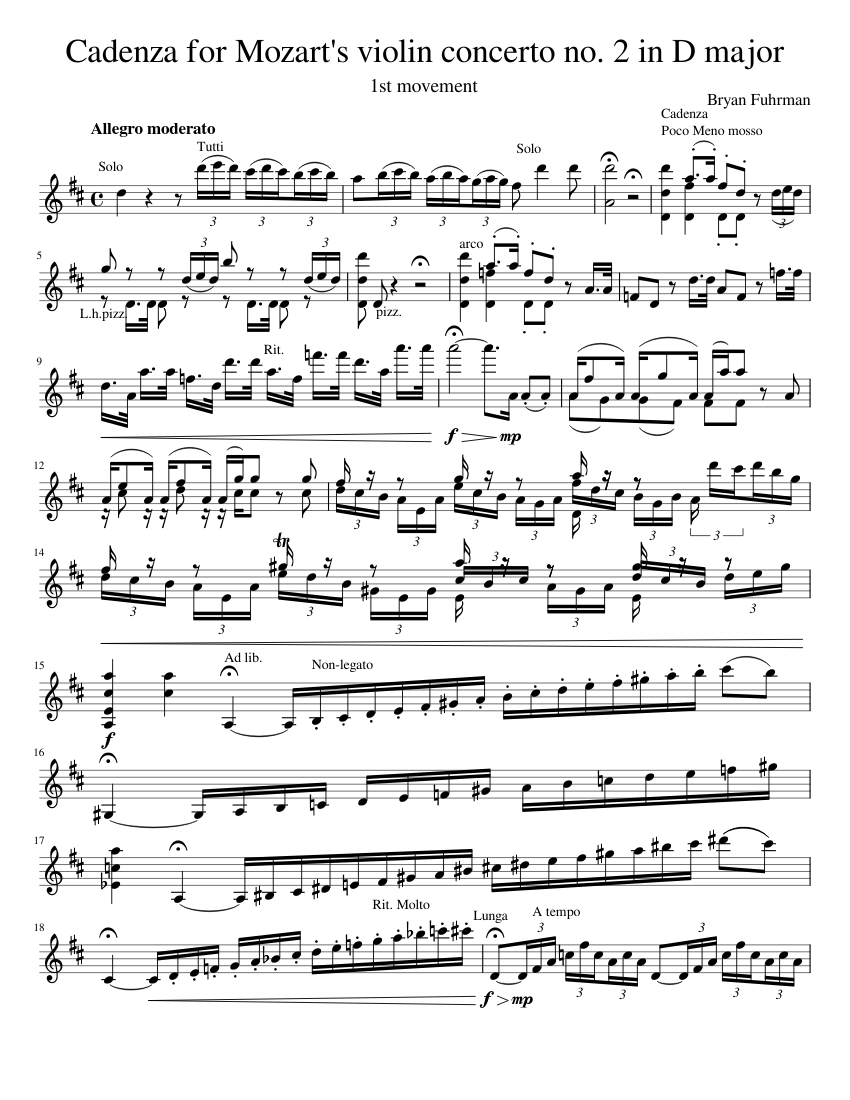 Cadenza for Mozart's violin concerto no. 2 in D major Sheet music for