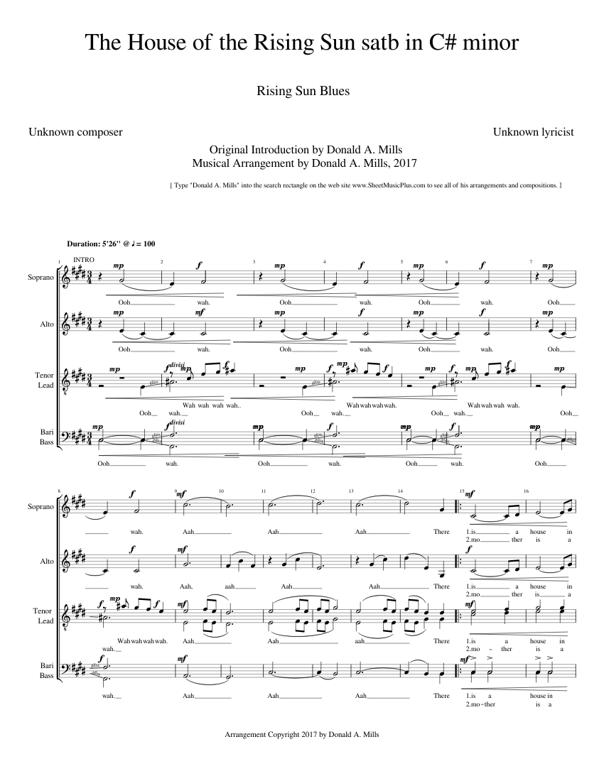 The House Of The Rising Sun Satb In C Minor Sheet Music For Soprano Tenor Alto Bass Satb Download And Print In Pdf Or Midi Free Sheet Music With Lyrics