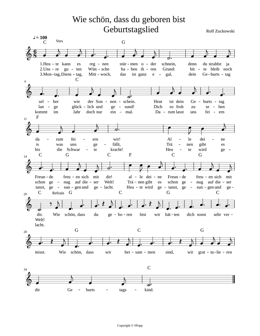 Wie schön, dass du geboren bist Geburtstagslied Sheet music for Piano