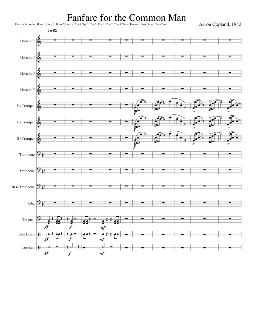 Fanfare For The Common Man Sheet Music For Trumpet In B Flat Trombone French Horn Tuba More Instruments Mixed Ensemble Musescore Com