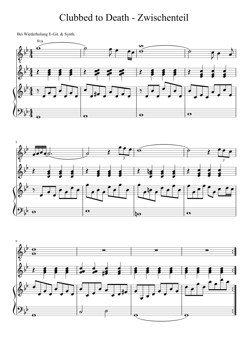 Matrix - Clubbed to death - middle part - Piano Sheet music for Piano,  Violin, Guitar (Mixed Trio) | Musescore.com