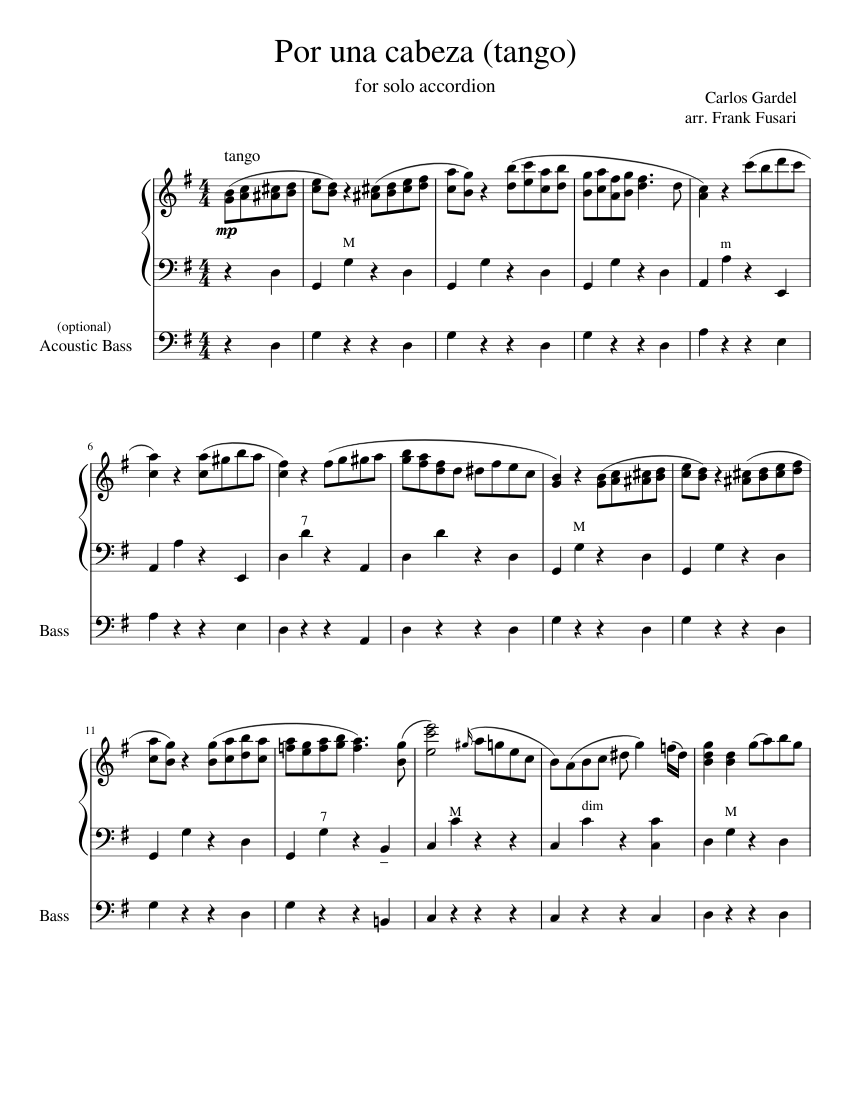 Por Una Cabeza accordion solo Sheet music for Piano, Bass guitar (Mixed  Duet) | Musescore.com