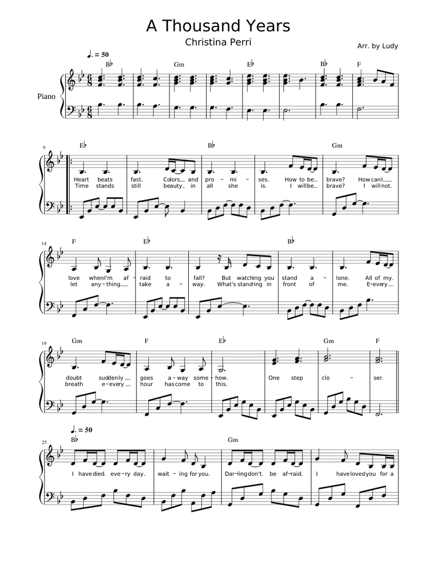 A Thousand Years By Christina Perri Sheet Music For Piano (Solo) |  Musescore.Com