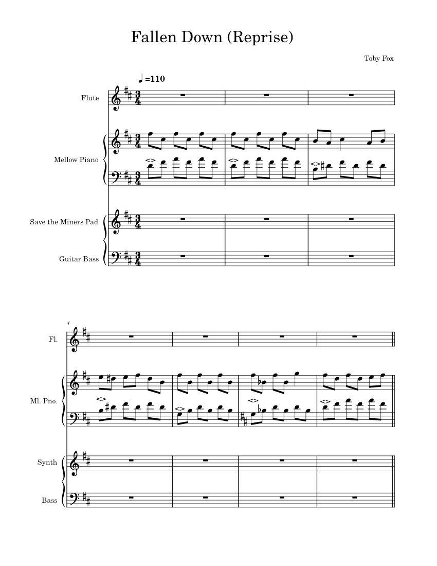 Fallen Down Toby Fox Fallendown Reprise Sheet Music For Piano Organ Flute Bass Guitar