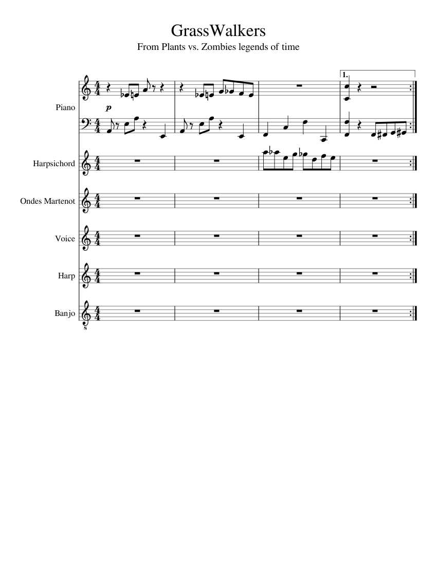 Plants Vs Zombies Grasswalk Sheet Music For Piano Vocals Harp Harpsichord More Instruments Piano Sextet Musescore Com