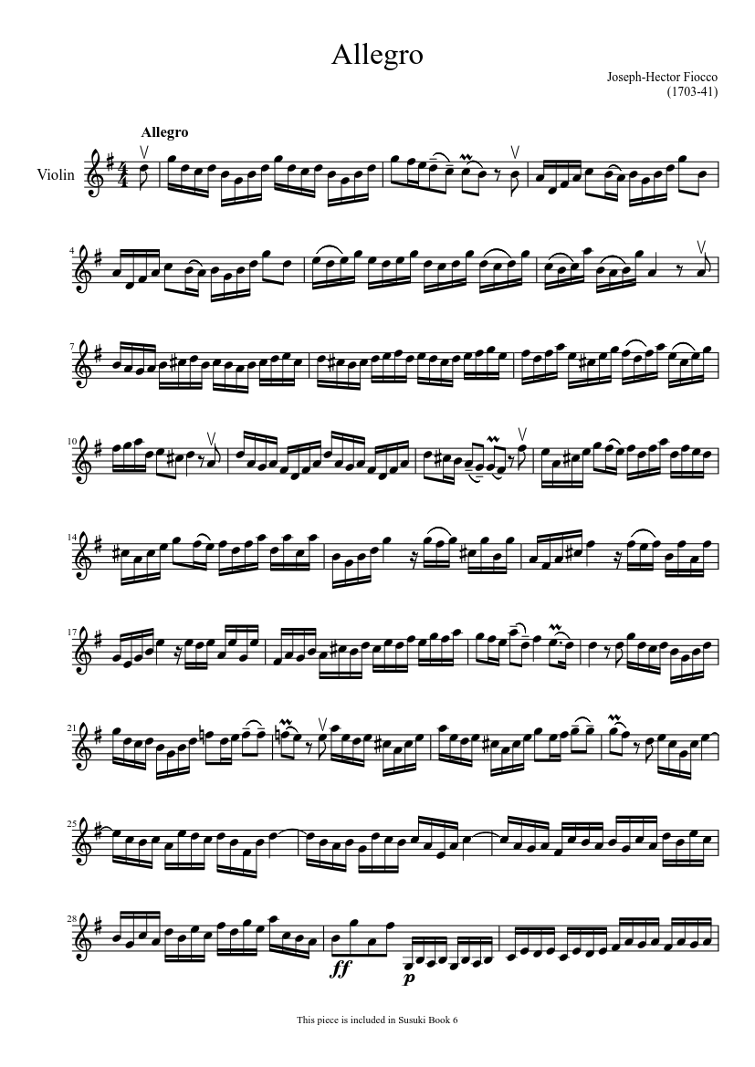 Allegro by Joseph-Hector Fiocco Sheet Music for Violin (Solo